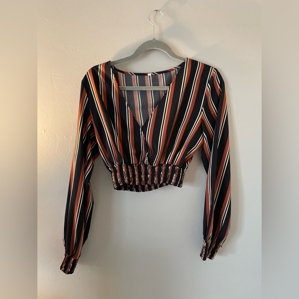 Orange, White, Black Long Sleeve Striped Shirt Size Small